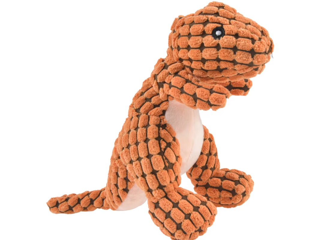 Peluche pour chien en forme de dinosaure. Petit plus car il ressemble à salamèche.