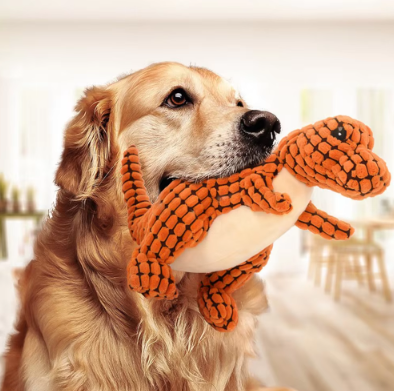 Peluche pour chien en forme de dinosaure. Petit plus car il ressemble à salamèche.